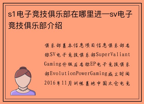 s1电子竞技俱乐部在哪里进—sv电子竞技俱乐部介绍